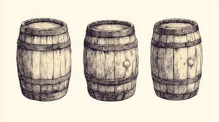Obraz premium Wooden barrels for alcoholic drinks Oak kegs featuring wine or beer Illustrated in a hand drawn engraving style