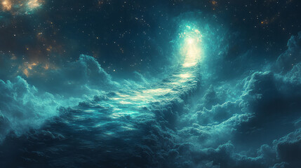 Fototapeta premium An interstellar crystal stream winding its way around a glowing planet,