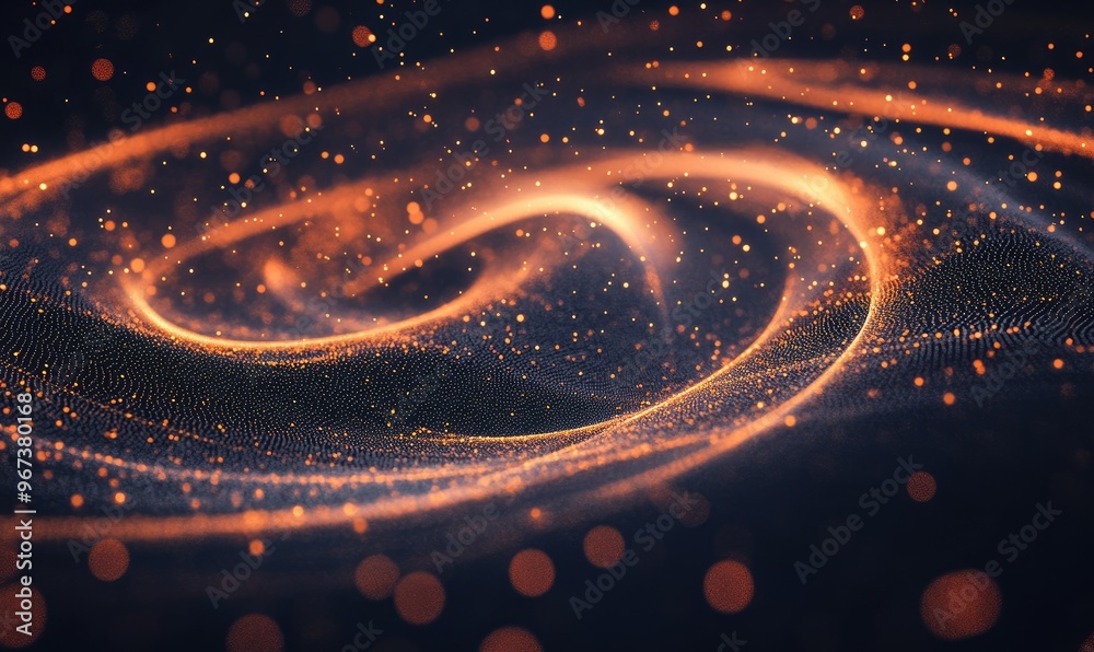 Poster Dynamic particle array swirling with interconnected dots Abstract illustration representing science and technology in 3D and 2D styles
