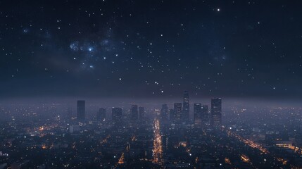 Fototapeta premium A city skyline illuminated by soft streetlights, with the night sky full of distant stars above.