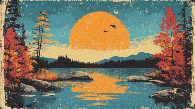 Retro illustration capturing the essence of Autumn vibes at a tranquil lake featuring a serene landscape divided into two captivating scenes