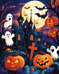 Halloween themed 2D cartoon illustration featuring pumpkins ghosts crosses bats and a witch on a broom against a moonlit background with a dark castle