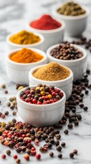 Variety of colorful spices in white bowls on marble surface, aromatic cooking ingredients concept