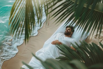Serene face of man lying quietly his bedroom. Gentle repose of middle-aged man patterned coverlet. Human need downtime and tranquility is evident serene scene.