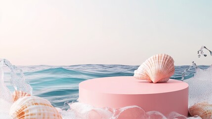 Coral pink podium with seashell accents and ocean waves, pedestal stage for beachwear product presentation in coastal scene for advertising and sale promotion background.