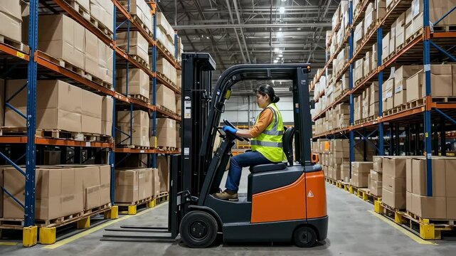Female Warehouse Worker Operating Forklift in Busy Warehouse