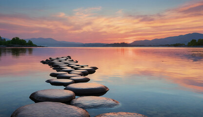 Obraz premium A line of smooth stepping stones leads across a calm lake at sunset, reflecting pink and orange hues in the sky, creating a tranquil and dreamy scene.