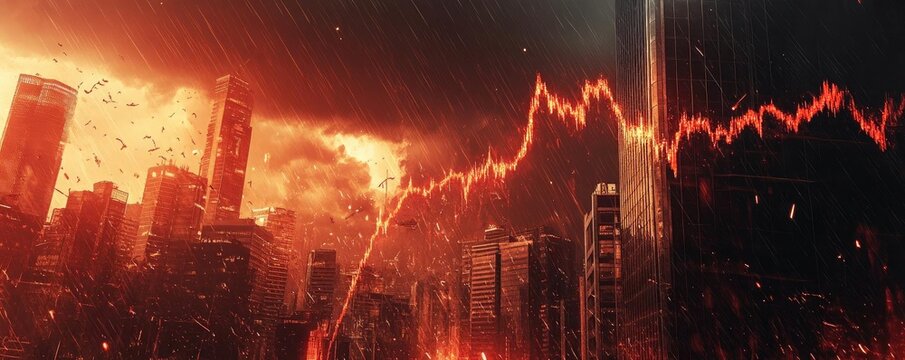 A dramatic urban skyline engulfed in fire and chaos, showcasing towering buildings under an apocalyptic sky.