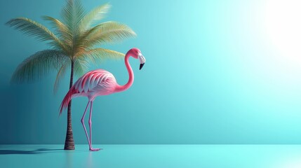 A pink flamingo beside a palm tree in a serene setting.