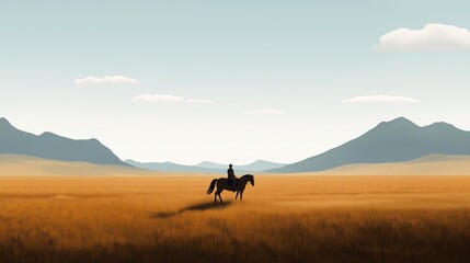 powerful horse carrying a rider across a wide, open plain, showing strength and grace