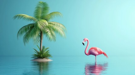 Obraz premium Vibrant scene with a flamingo and palm tree in water.