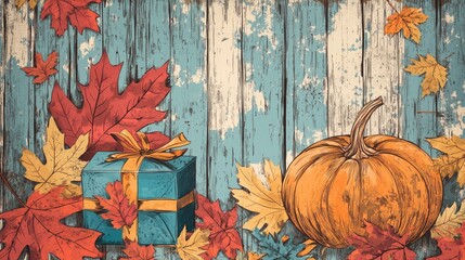 Autumn themed coloring book illustration featuring vibrant leaves a pumpkin and a gift box arrangement on a textured wooden backdrop Ideal for Thanksgiving and fall celebrations