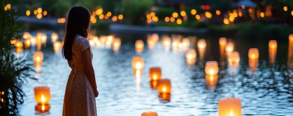 Vietnamese woman peacefully viewing floating lanterns on a tranquil evening in an atmospheric riverside scene