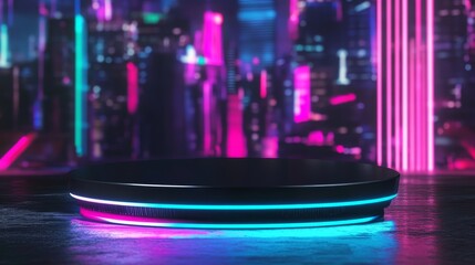 Futuristic cyberpunk podium with neon lights and cityscape, ideal for tech product presentations and sale promotions.