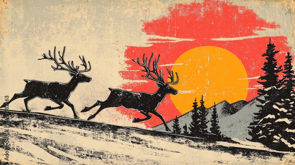 Wall mural Retro coloring illustration of scenic reindeer sledding with a sunset backdrop