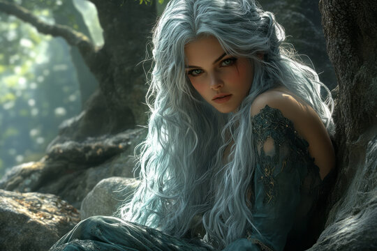 A wise, elder forest nymph with silver hair like cascading waterfalls,