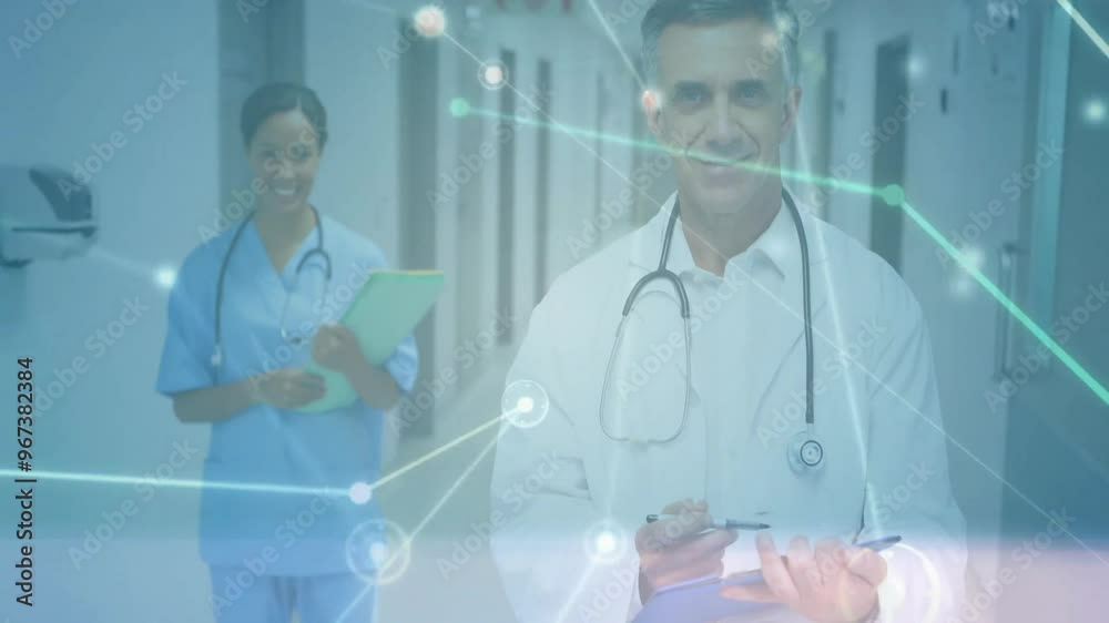 Wall mural Animation of network of connections with light trails over diverse doctors working in hospital