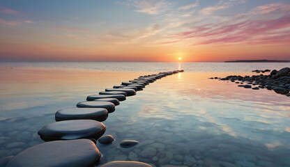 A line of smooth stepping stones leads across a calm lake at sunset, reflecting pink and orange hues in the sky, creating a tranquil and dreamy scene.