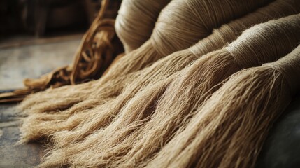 Fototapeta premium A documentary-style photograph of linen being processed by hand, with bundles of raw flax fibers laid out for drying.