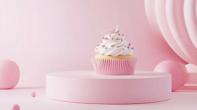 Pink podium with cupcake and dessert decorations, ideal for confectionery product presentation and advertising. Perfect for sale promotions.