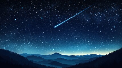 A shooting star zipping across the sky, with a mountain range silhouetted below under a blanket of stars.