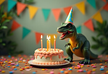 A Tyrannosaurus Rex, wears a party hat and stands next to a cake topped and candles