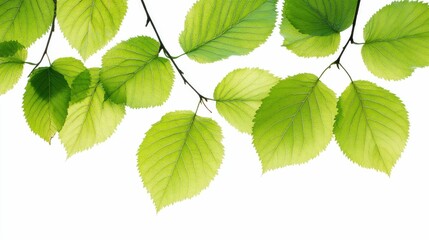 Fototapeta premium Green leaves on a branch against a white background.