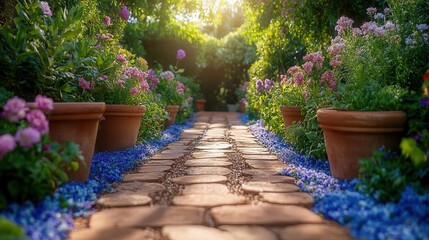 Fototapeta premium sundrenched garden path lined with an array of gardening tools and terracotta flowerpots blooming flowers and lush greenery create a vibrant inviting outdoor scene
