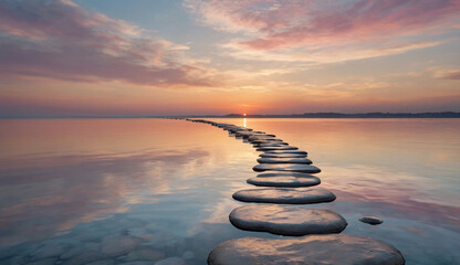 A line of smooth stepping stones leads across a calm lake at sunset, reflecting pink and orange hues in the sky, creating a tranquil and dreamy scene.