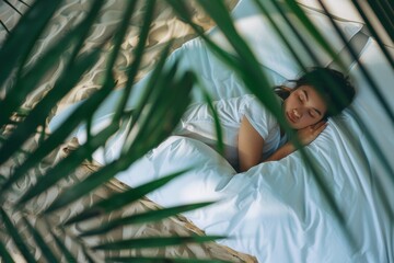 Bedroom scene captures teen girl peaceful slumber bed. Captured deep sleep teen girl presents peaceful night image. Quiet power of rest embodying tranquility and internal peace.