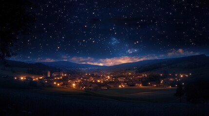 Fototapeta premium A wide view of the night sky above a quiet countryside, with a distant town lights softly glowing below.