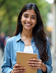 Fototapeta premium Indian college student with books in hands in the university building