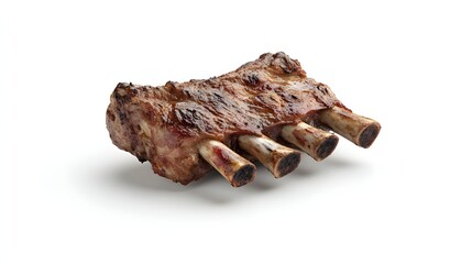 29. **A 3D render of a juicy lamb rib falling, its seared surface and tender meat detailed against a pristine white backdrop