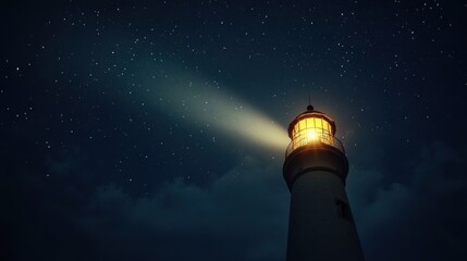 The night sky above a lighthouse, with the beam of light cutting through the darkness and stars in the background.