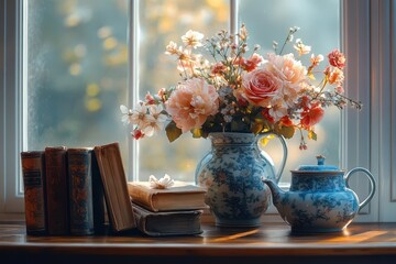 sundrenched still life antique books beside ornate teapot fresh flowers in delicate vase soft candlelight warm golden hour glow