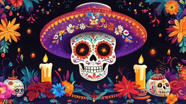 Dia de los Muertos banner, Mexican holiday of the dead, calavera sugar skull, maracas, candles and flowers. Vector greeting card with calaca head