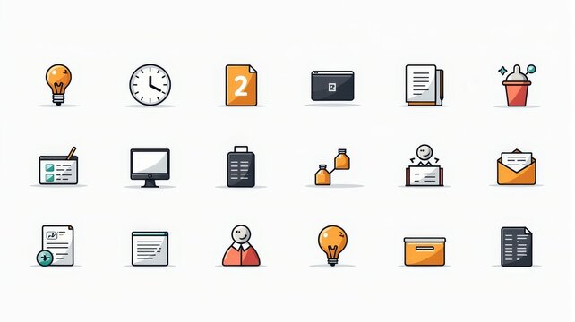 Business and Office Icons Illustration with Office Supplies, Documents, and Computer Graphics