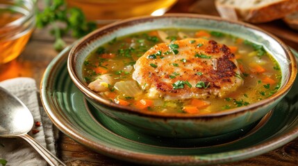 Chicken cutlet and vegetable soup served on green plate with homemade bread