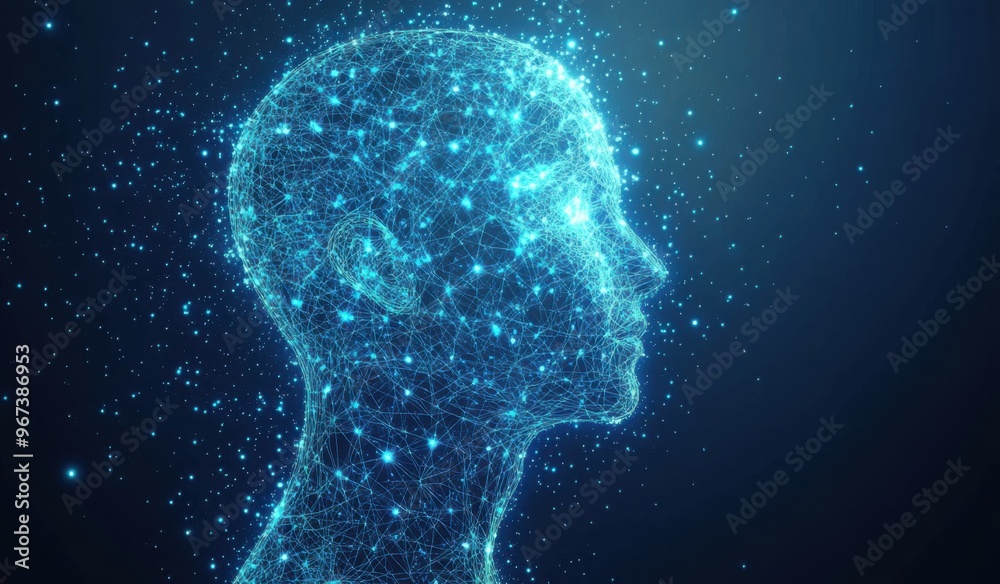 Poster abstract digital representation of a human head with interconnected nodes on a dark background symbo