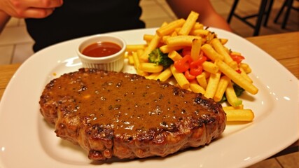 steak and French fries with tomato sauce on a plate