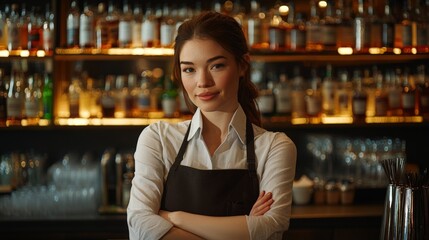 Confident bartender smiling behind the bar in trendy pub setting