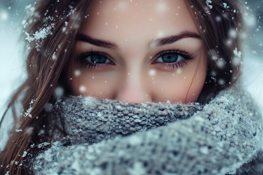 Winterliches Portr&auml;t einer Frau mit Schal im Schnee