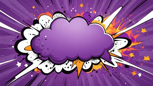 purple theme exploding pop speech bubble background, comic art style, space for text