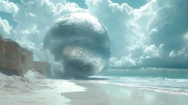 surreal beach scene with an enormous mysterious spherical object resting on pristine sand moody sky looms over a tranquil blue ocean