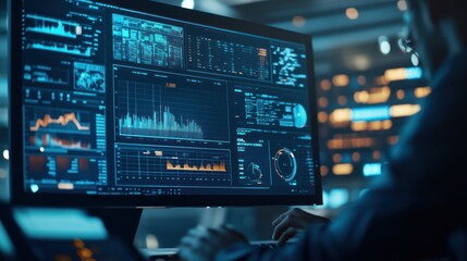 Fototapeta premium A computer screen displaying a complex array of financial reports and graphs. Pie charts, bar graphs, data analysis and line charts.
