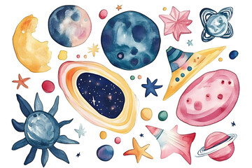 Watercolor drawing set with cartoon space rocket, isolated on white background