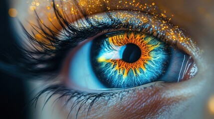 surreal closeup of human eye vivid blue and orange iris cosmic swirl pattern mesmerizing gaze abstract portrait