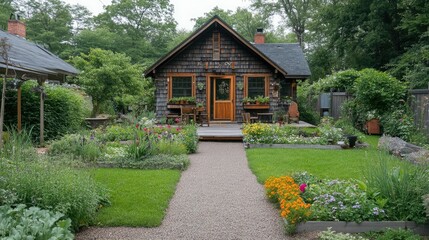 Charming cottage surrounded by a vibrant garden pathway.