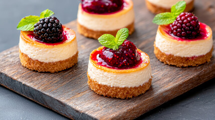 Delicious mini cheesecakes topped with berry jam and mint leaves neatly arranged on a wooden board, perfect for dessert lovers