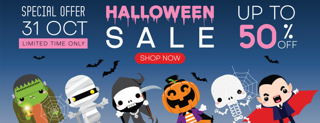 Halloween sale promotion poster or banner template with group of kids in Halloween monster costume. Website spooky or banner template. Vector illustration.